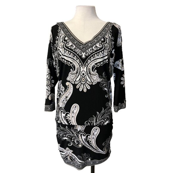 WHBM Mini Dress M Medium Tunic Top Black White Paisley Washable - Picture 1 of 6